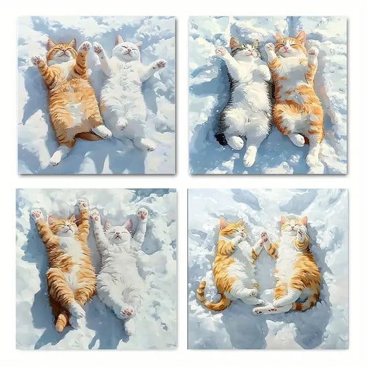 4pcs Cute White Cat In Sunshine, Abstract Wall Art Canvas Framed