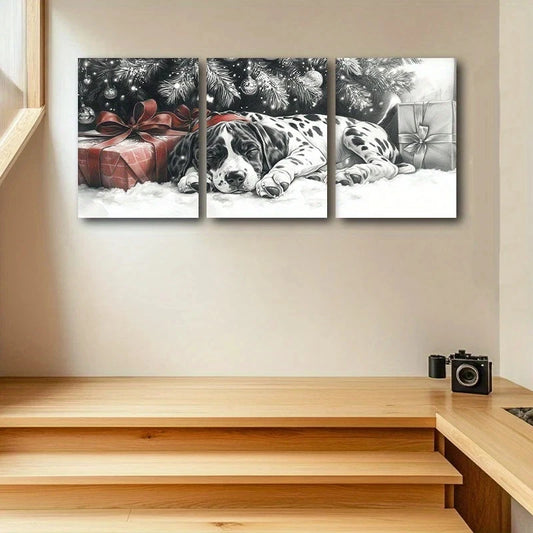 3pcs Sleeping Puppy Black and White Metal Print Ready to Hang Art