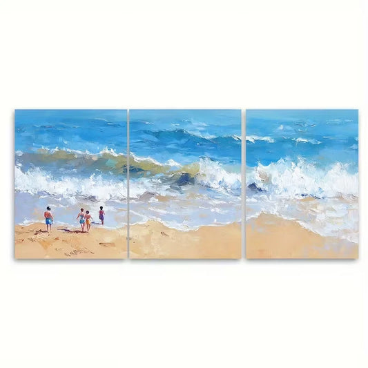 3pcs Beach Scene with People Waves Seascape Metal Print Ready to Hang Art