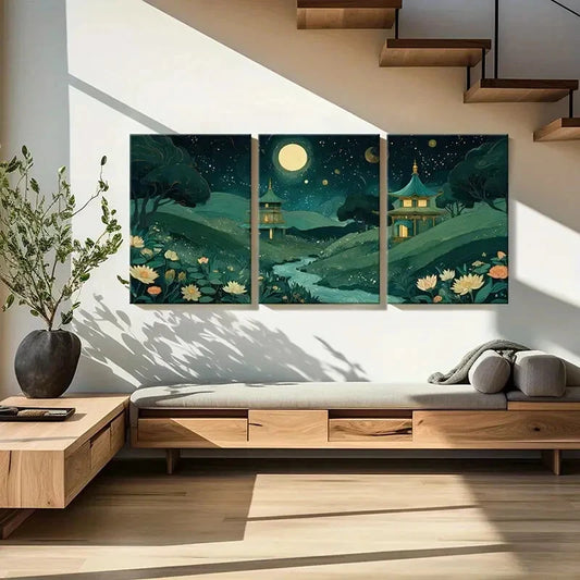 3pcs Lotus Flowers & Traditional Architecture Metal Print Ready to Hang Art