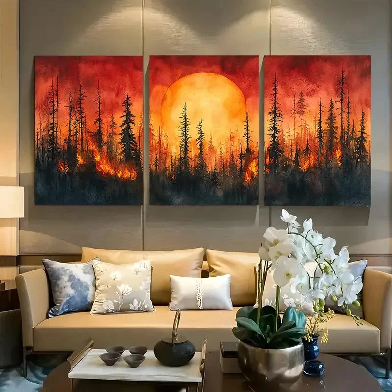 3pcs Vibrant Forest Fire Metal Print Ready to Hang Art