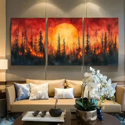 3pcs Vibrant Forest Fire Metal Print Ready to Hang Art