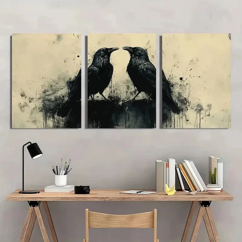 3pcs Black Crows Beige and Black Themed Wall Art Set Canvas Unframed - High Quality Print 100% Australian Made Wall Canvas