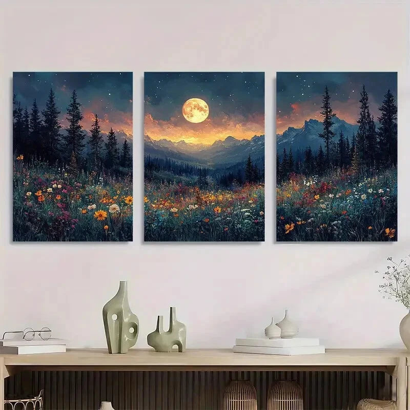 3pcs Moonlit Forest Wildflowers with Pine Metal Print Ready to Hang Art
