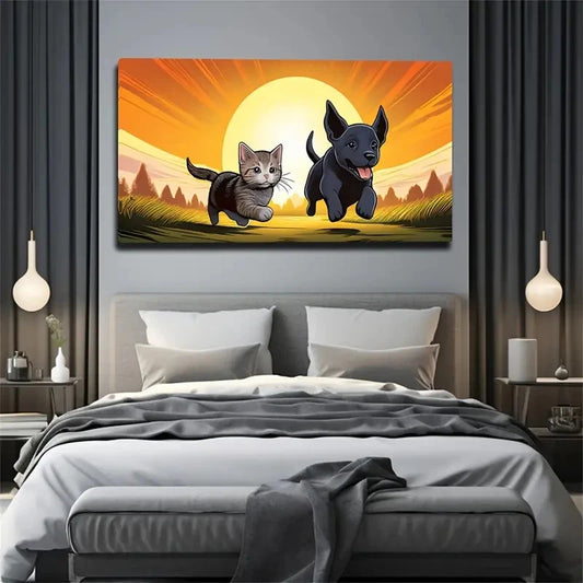 Vibrant Cat & Dog Running Wall Art Canvas Office Home Room Framed 120x60cm