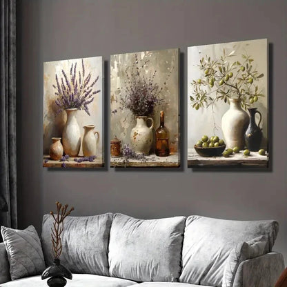 3pcs Rustic Lavender Pottery Jar Wall Art Set Canvas Framed 40x60cm - High Quality Print 100% Australian Made Wall Canvas Ready to Hang