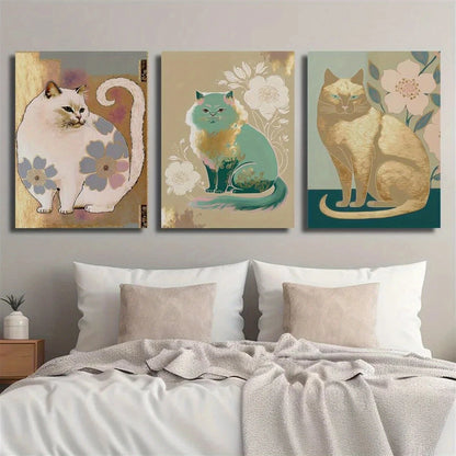 3pcs Furry Cats in Floral & Abstract Designs Metal Print Ready to Hang Art