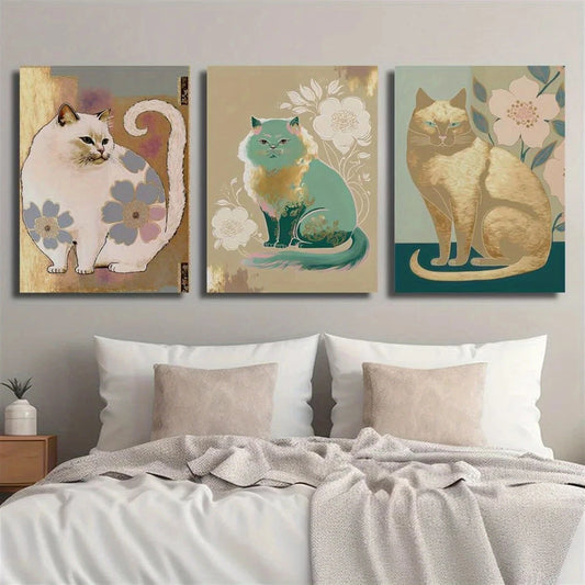 3pcs Furry Cats in Floral & Abstract Designs Metal Print Ready to Hang Art