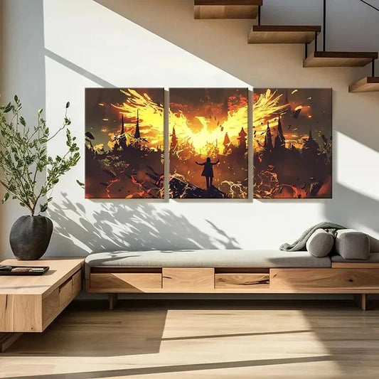 3pcs Magic Phoenix Wizard Retro Fantasy Wall Art Set Canvas Framed 40x60cm - High Quality Print 100% Australian Made Wall Canvas Ready to Hang