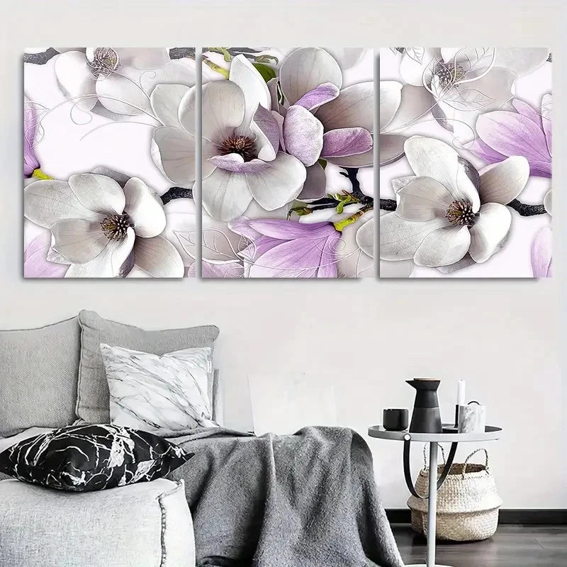 3pcs Elegant White Purple Magnolia Flower Wall Art Set Canvas Framed 40x60cm - High Quality Print 100% Australian Made Wall Canvas Ready to Hang