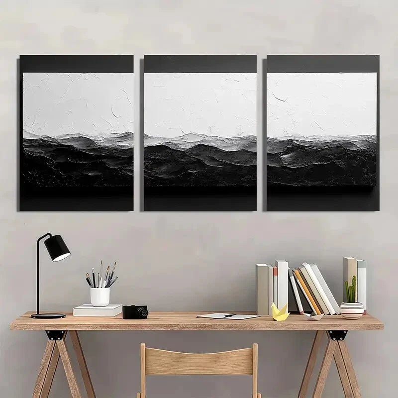 3pcs Black and White Abstract Textured Metal Print Ready to Hang Art