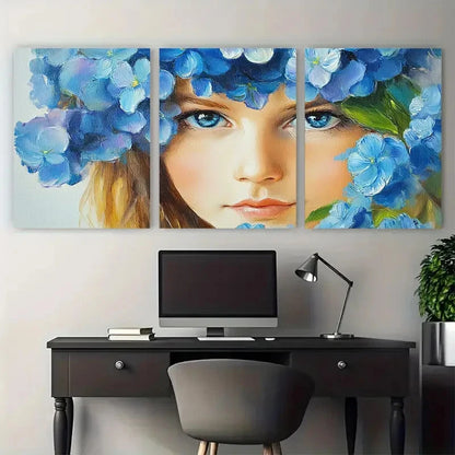 3pcs Hydrangea Flower Girl Portrait Illustration Metal Print Ready to Hang Art