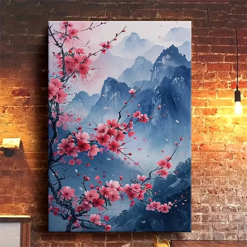 Cherry Blossoms & Misty Mountain Landscape 60x90cm Metal Print Ready to Hang