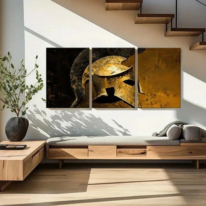3pcs Set of Vintage Golden Warrior Helmet Metal Print Ready to Hang Art