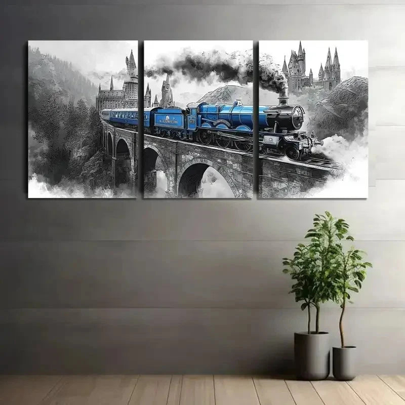 3pcs Black and White Smoke Train Scene Metal Print Ready to Hang Art