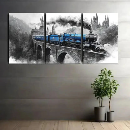 3pcs Black and White Smoke Train Scene Metal Print Ready to Hang Art