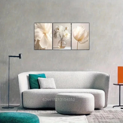 3pcs Artistic White Flowers Vase Simplicity Metal Print Ready to Hang Art