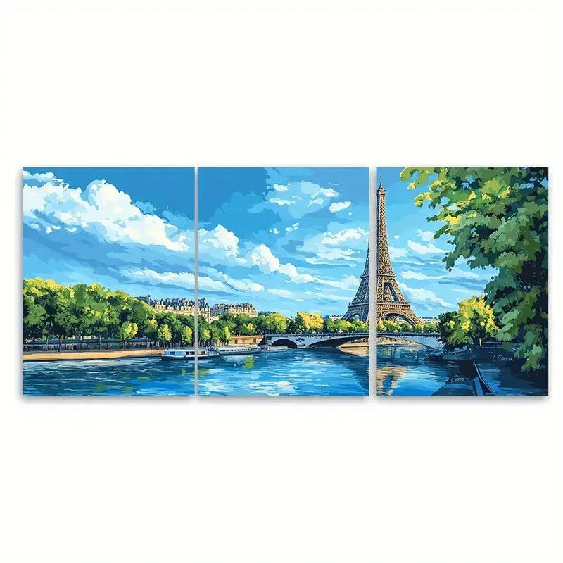 3pcs French Landmark Illustration Blue Sky & River Metal Print Ready to Hang Art
