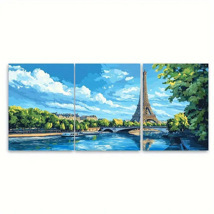 3pcs French Landmark Illustration Blue Sky & River Metal Print Ready to Hang Art