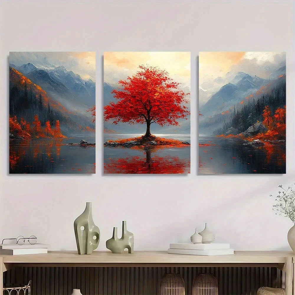 3pcs Red Tree Painting Fashion Mosaic Metal Print Ready to Hang Art