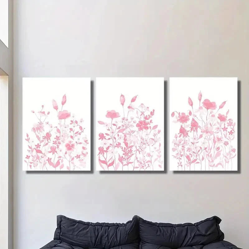 3pcs Pink wildflowers watercolor painting Metal Print Ready to Hang Art
