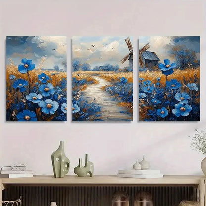 3pcs Rustic Windmill & Blue Flowers Modern Metal Print Ready to Hang Art