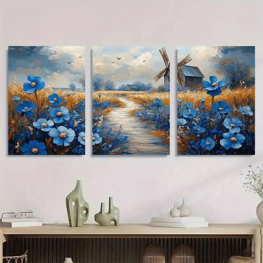 3pcs Rustic Windmill & Blue Flowers Modern Metal Print Ready to Hang Art