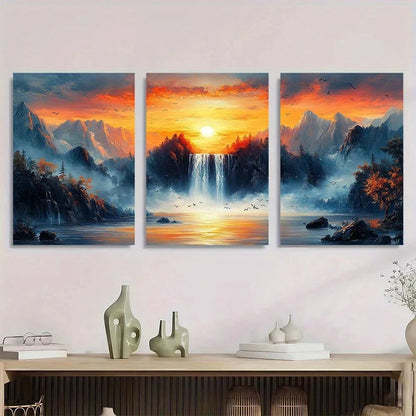 3pcs Waterfall Sunset Vibrant Nature Scenery Metal Print Ready to Hang Art