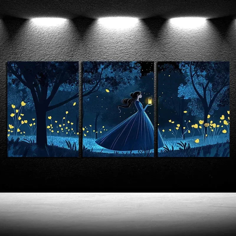 3pcs Enchanting Forest Girl with Lantern Design Metal Print Ready to Hang Art