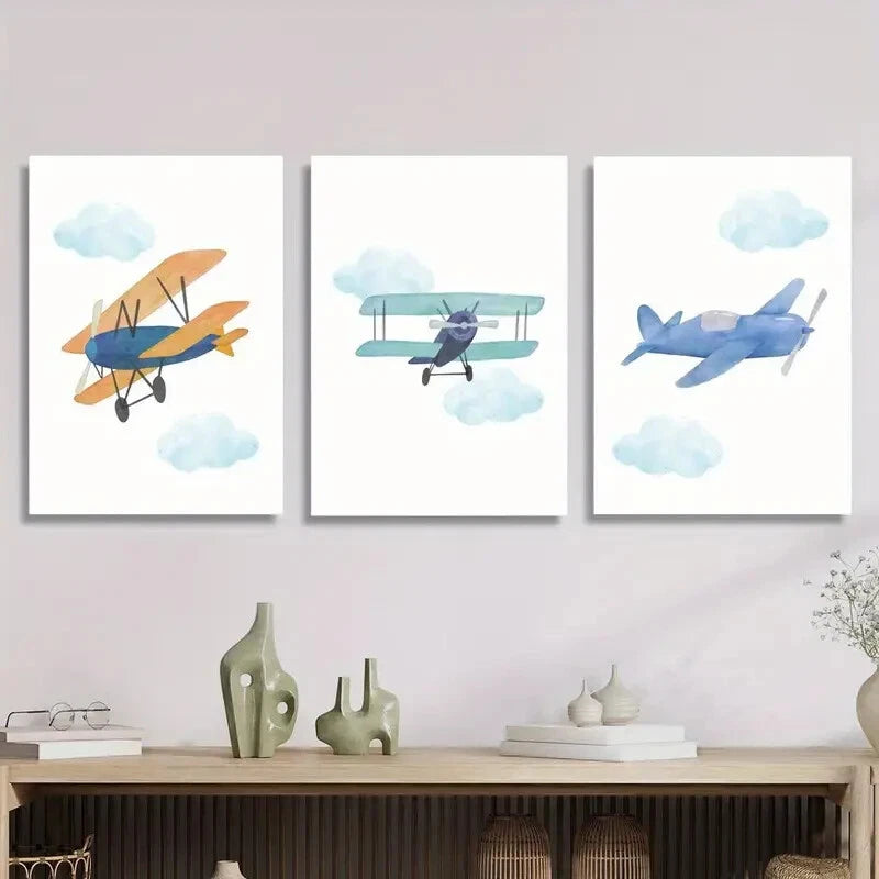 3pcs Retro Cartoon Plane Prints Metal Print Ready to Hang Art