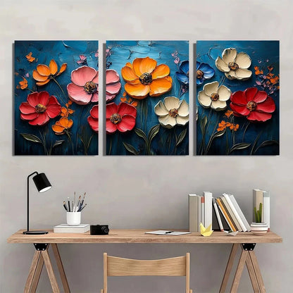 3pcs Boho Chic Abstract Floral Vibrant Textured Metal Print Ready to Hang Art