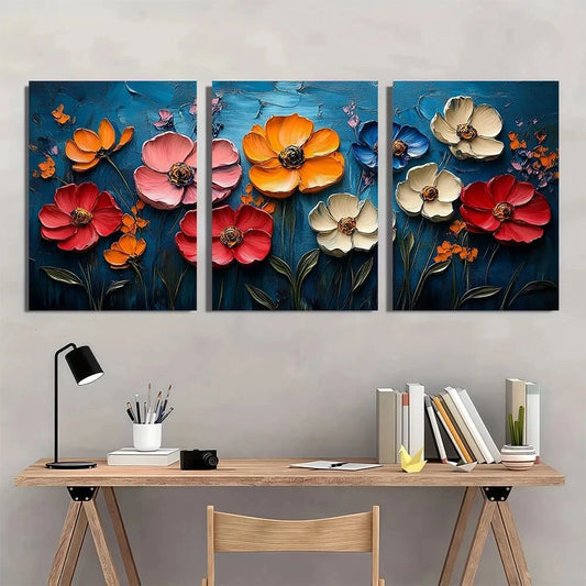 3pcs Boho Chic Abstract Floral Vibrant Textured Metal Print Ready to Hang Art