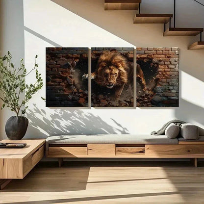 3pcs Majestic Lion Destroying Bricks Wall Art Set Canvas Framed 40x60cm - High Quality Print 100% Australian Made Wall Canvas Ready to Hang