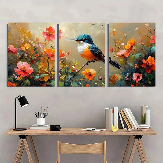 3pcs Vibrant Hummingbird & Floral Metal Print Ready to Hang Art