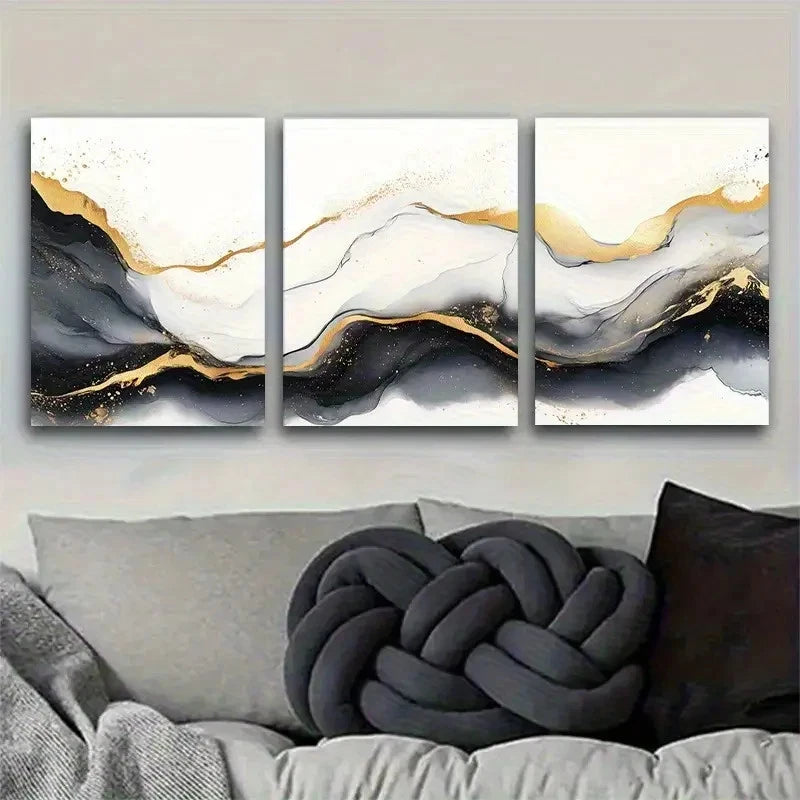 3pcs Abstract Ink Black White and Golden Metal Print Ready to Hang Art