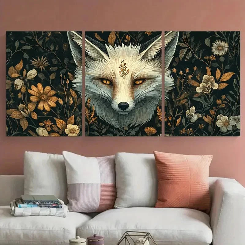 3pcs Vintage Aesthetic Floral White Fox Wall Art Set Canvas Framed 40x60cm - High Quality Print 100% Australian Made Wall Canvas Ready to Hang