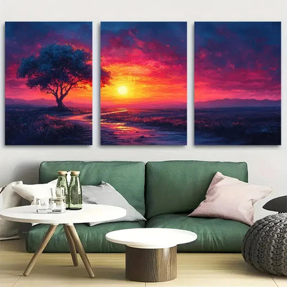 3pcs Vibrant Sunset & Dirt Road Scenes Synthwave Metal Print Ready to Hang Art