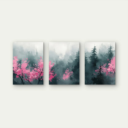 3pcs Pink Blossoms In The Misty Pines Wall Art Set Canvas Framed 60x90cm - High Quality Print 100% Australian Made Wall Canvas Ready to Hang