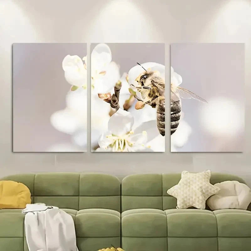 3pcs , Bee On A Flower Spring Macro Floral Metal Print Ready to Hang Art
