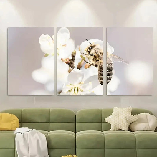 3pcs , Bee On A Flower Spring Macro Floral Metal Print Ready to Hang Art