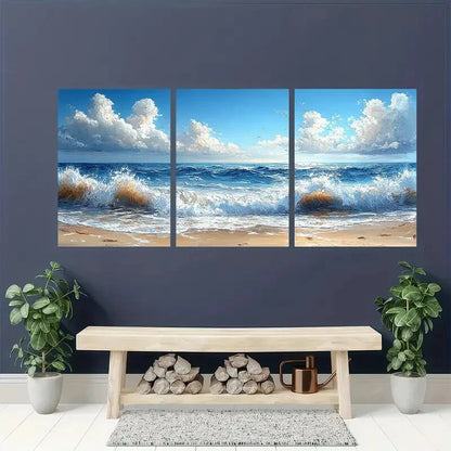 3pcs Beach Ocean Wave Seascape Oil Painting Metal Print Ready to Hang Art