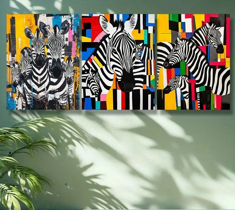 3pcs Zebra Family Painting Metal Print Ready to Hang Art