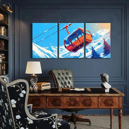 3pcs Snowy Mountains Cable Car Winter Landscape Metal Print Ready to Hang Art