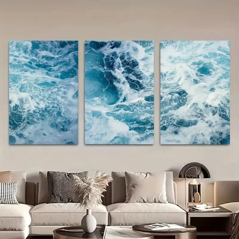 3pcs Ocean Waves Vibrant Blue White Coastal Decor Metal Print Ready to Hang Art