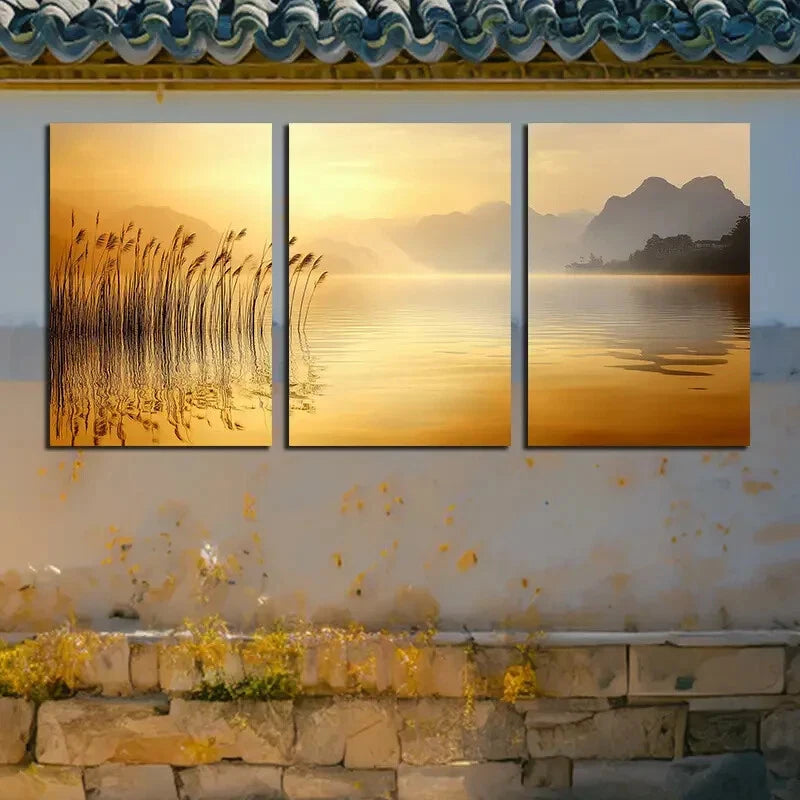 3pcs Vibrant Reeds by the lake Illustration Metal Print Ready to Hang Art