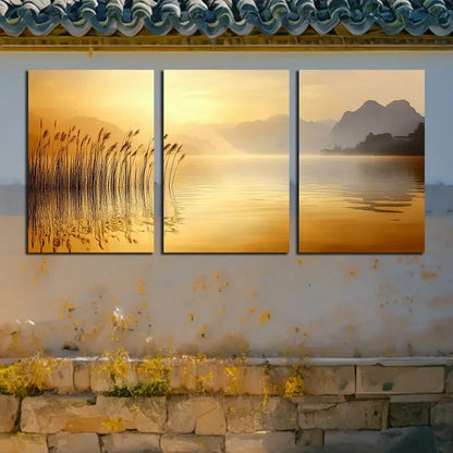 3pcs Vibrant Reeds by the lake Illustration Metal Print Ready to Hang Art