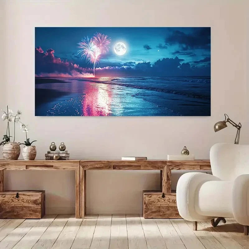 Beach Scene with Fireworks wall canvas office home room framed 120x60cm