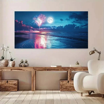 Beach Scene with Fireworks wall canvas office home room framed 120x60cm
