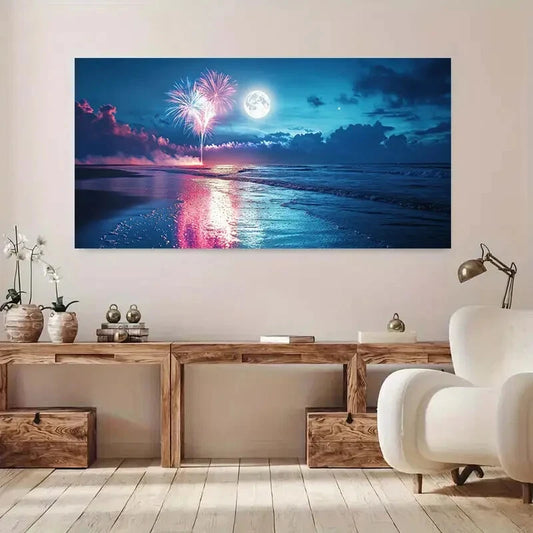 Beach Scene with Fireworks wall canvas office home room framed 120x60cm