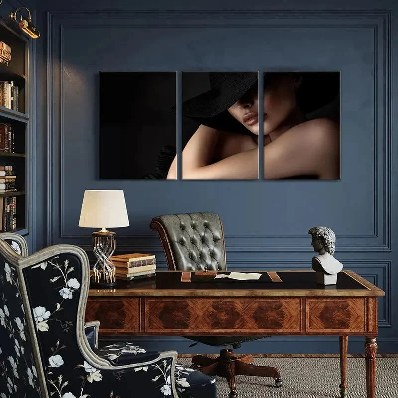 3pcs Mysterious Fashion Elegant Woman Black Hat Metal Print Ready to Hang Art